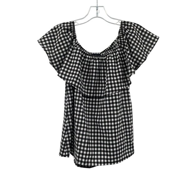 Sanctuary Womens Off Shoulder Top Black/White Check Short Sleeve Size Small - Picture 1 of 9